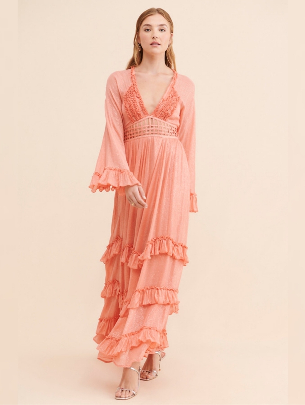 Free People Seraphina Maxi Dress Peach Long Sleeve Ruffled